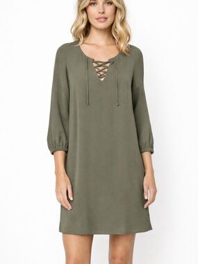 Three Eighty Two Olive Green Lace-Up Dress Size Small Boho Shift Mini Dress